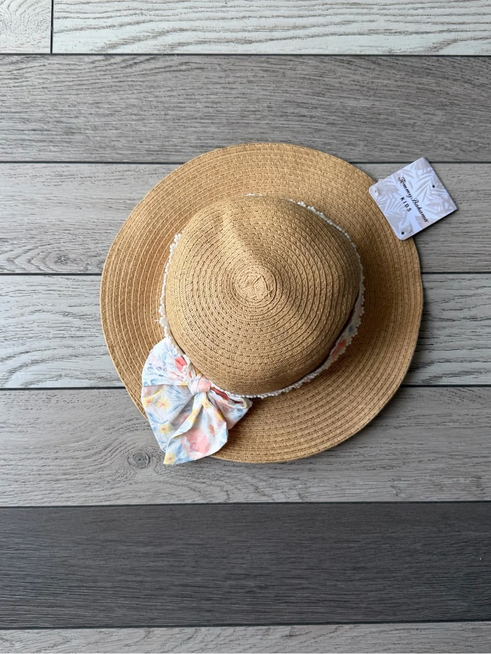 Tommy Bahama Kids Tan Straw Sun Hat with Pastel Floral Bow New